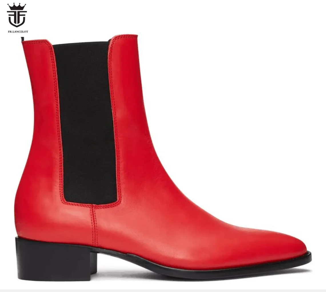 Vintage Style Men Red Leather Boots Point Toe Booties Mujer Botas Slip On Wedding Dress Booties Party Shoes Male White