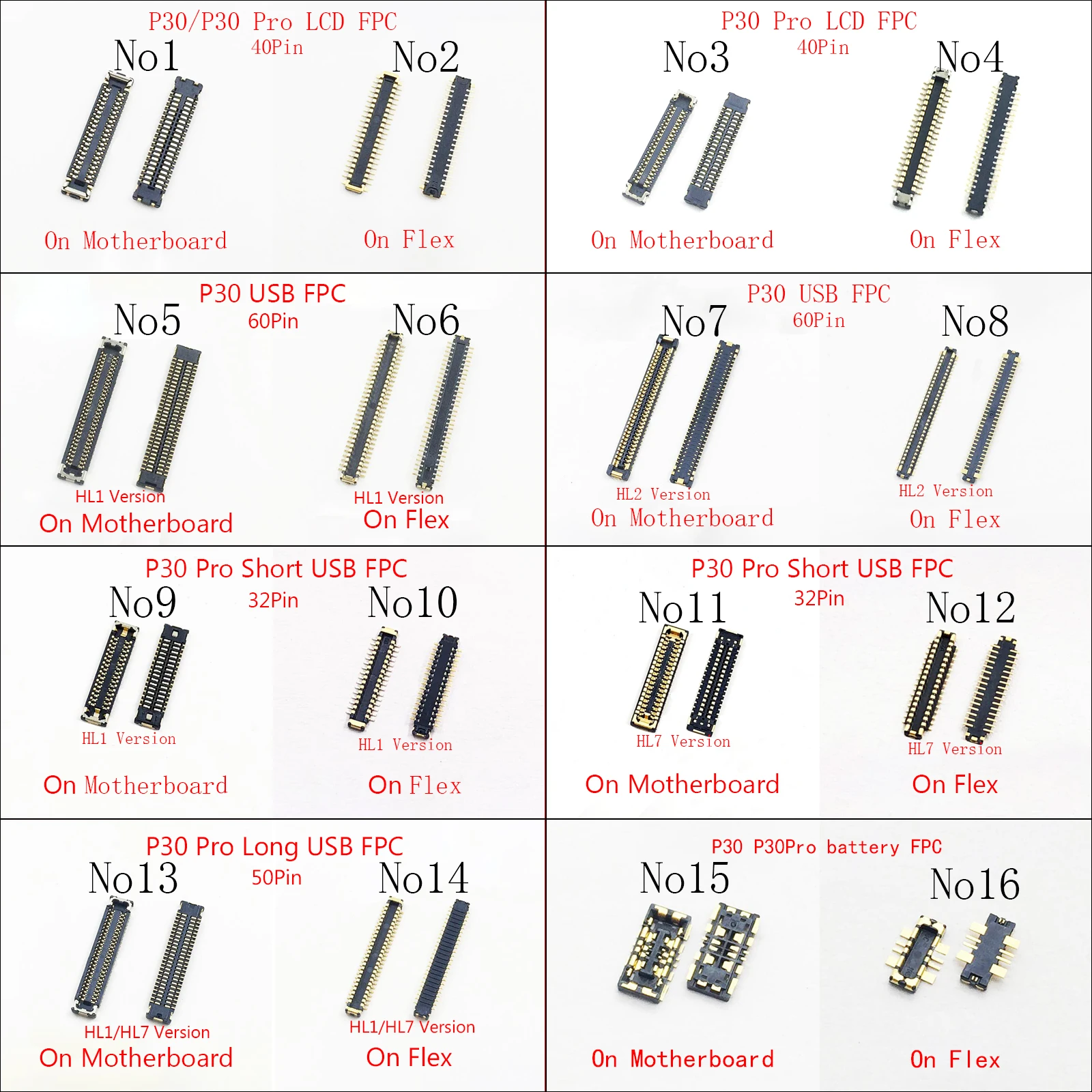 

10pcs 60 50 40 32 Pin LCD Display Screen Flex FPC Connector On Motherboard For Huawei P30 Pro USB Charging Charger Battery Port