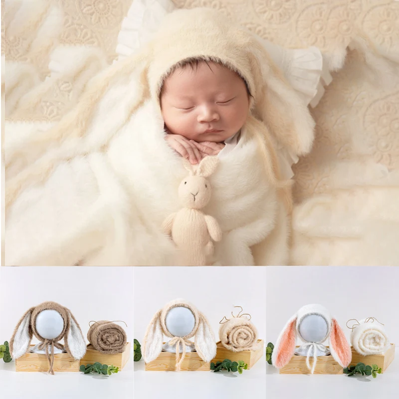 Recém-nascidos Fotografia Props para Bebé Menino e Menina, Chapéu Envoltório, Swaddle Blanket, Acessórios de Estúdio, Estilo Coelho, 2PCs por Conjunto