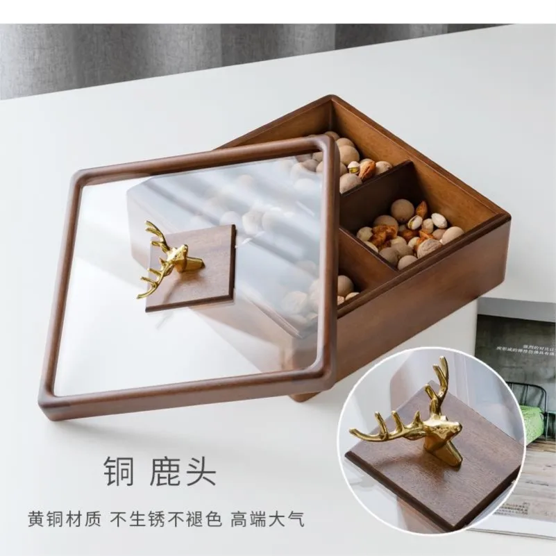 Wooden Square Snack Platter Deer Transparent Glass Cover Separated Dried Fruit Candy Storage Box Home Accessories