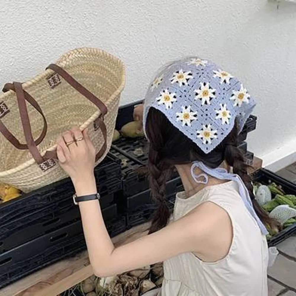 

Little Daisy Knitting Flower Headband Multicolor Photo Props Triangular Turban Scarf French Pastoral Style
