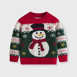 2024 Boys Christmas Cartoon Jumper Kids Snowman Warm Round Neck Top Autumn Winter New Girls Cute Casual Fashion Clothes 3-7 Year