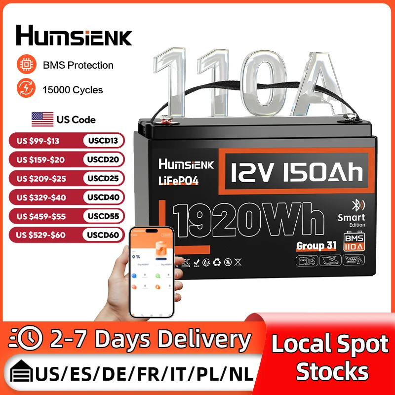 

Humsienk 12V 150Ah LiFePO4 Battery With Bluetooth 110A BMS 8000 Cycle Rechargeable Battery For RV/ Vans/Trolling Motor/ Camping