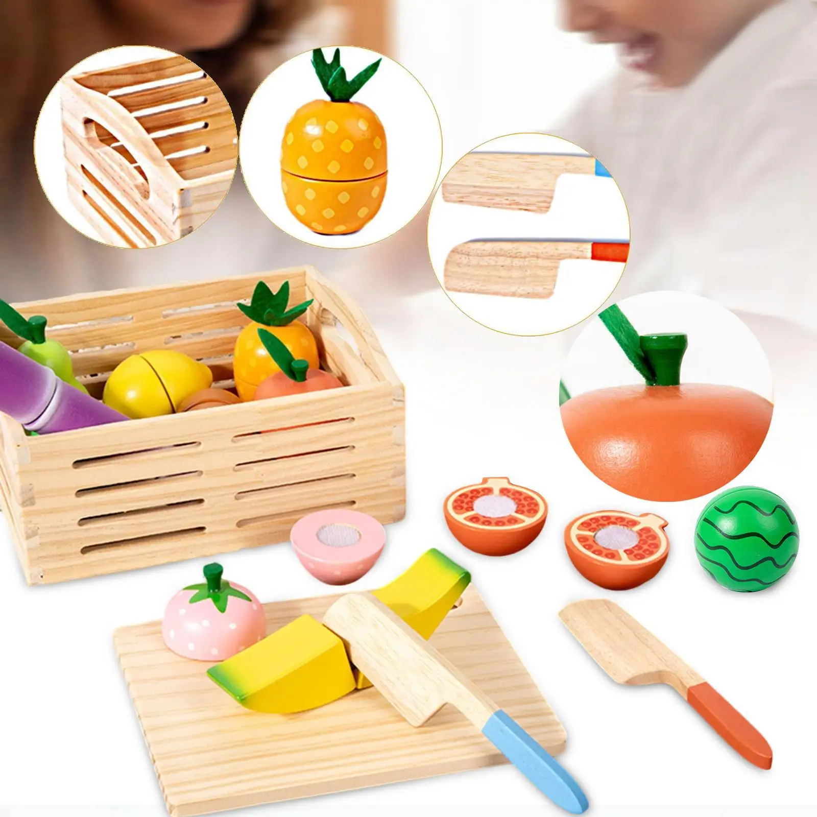 Juego de madera con comida, juego de simulación, regalo para niños y niñas, tabla de cortar de madera