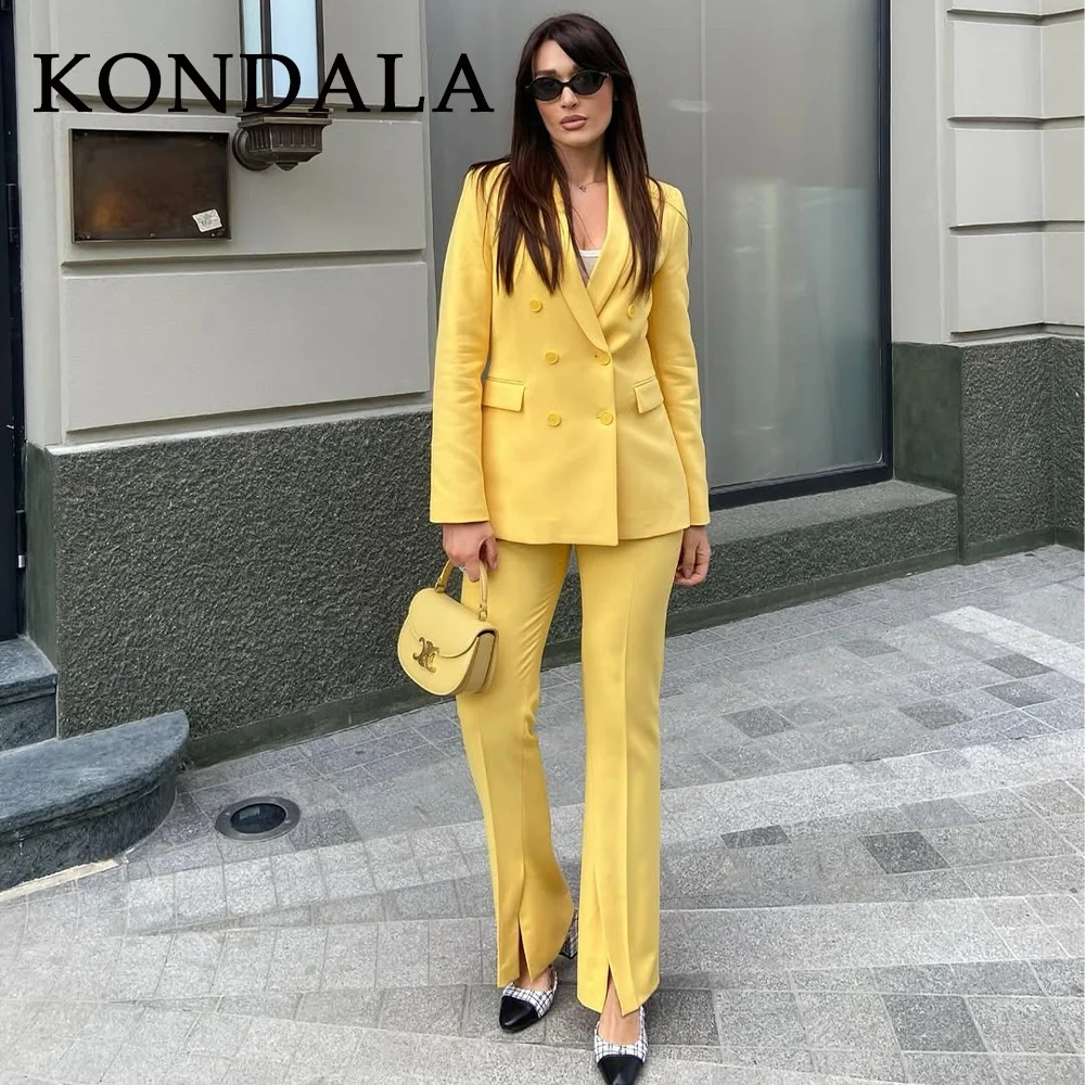 

KONDALA 2025 Fall Winter Butter Yellow Office Lady Suits Fashion Double Breasted Shrug Turndown Collar Blazers Chic Solid Pants