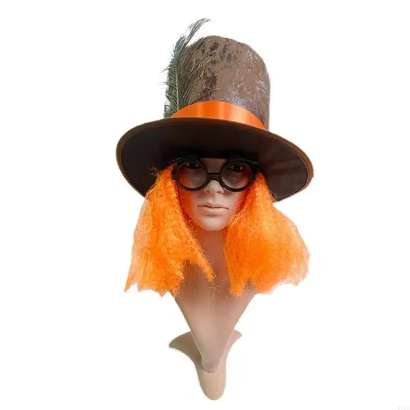 E56A 2pcs Halloween Cosplay Top Hat with Beard Women Halloween Stage Performances Hat Festival Carnivals Party Cosplay Hat