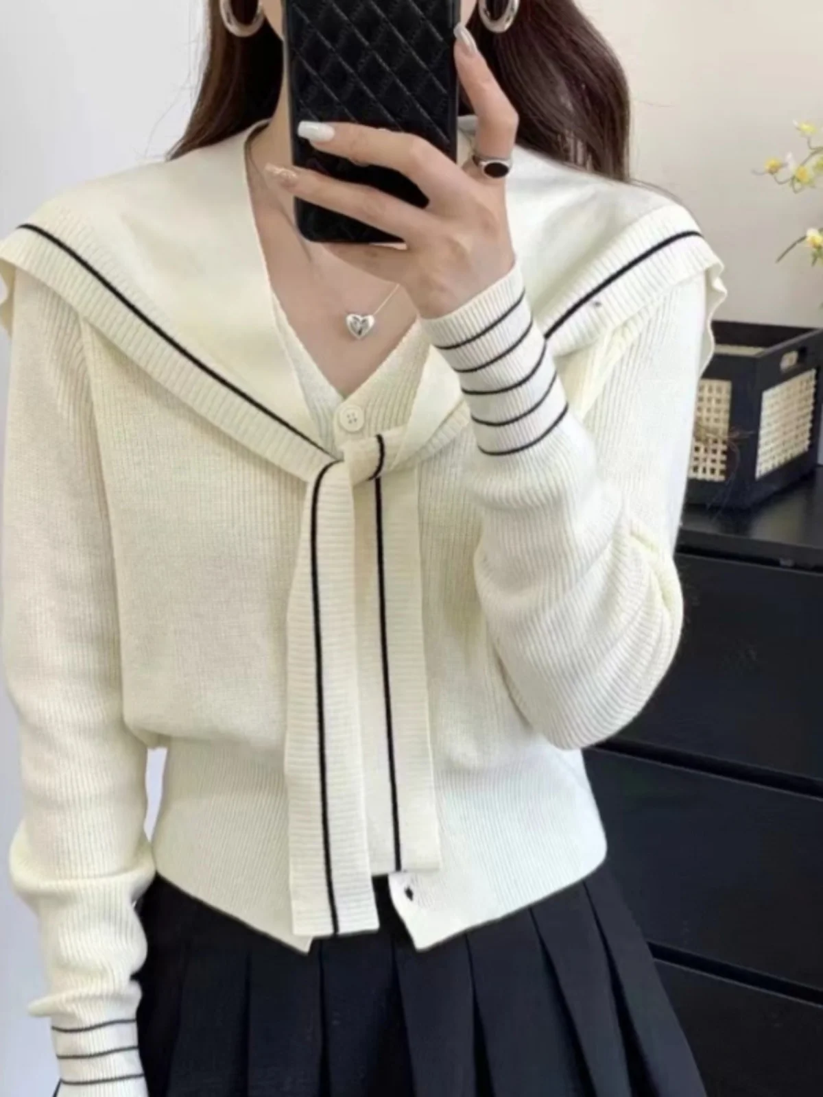 ay البحرية طوق محبوك سترة المرأة الخريف الشتاء ort سترة V-ne تنوعا قطعتين مجموعة تخفيف Sle طويل Sve