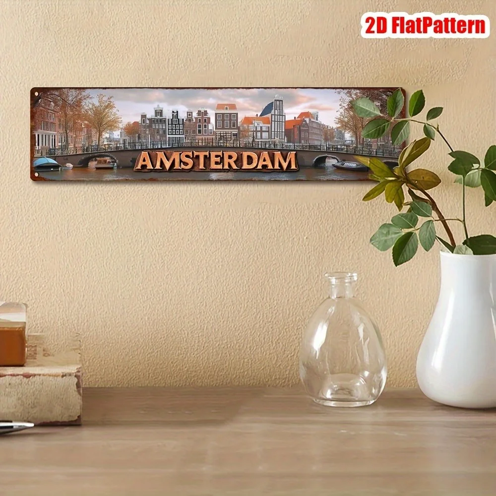 2D Flat 1-Piece Vintage Amsterdam Wall Sign - Dutch Canal Mural with 