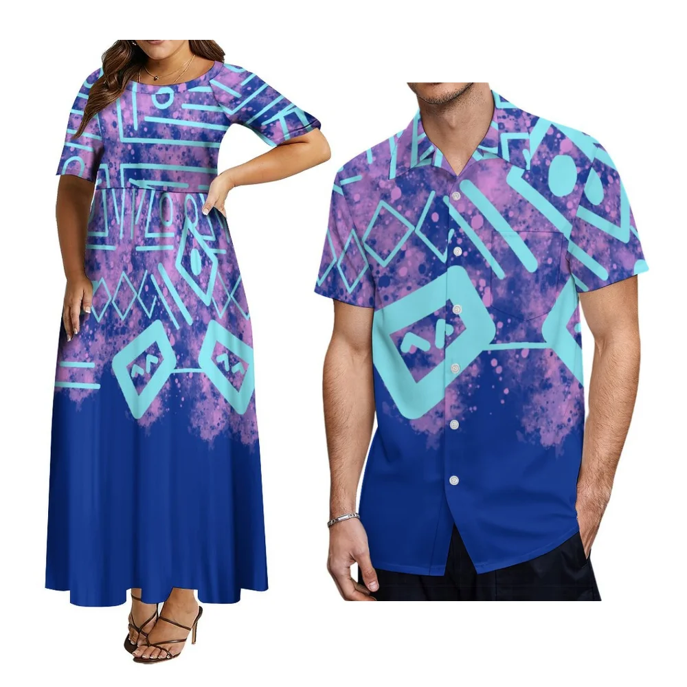 Conjunto de casal com padrão retrô da ilha de arte do pacífico, festa do festival samoano, vestido feminino com gola redonda e camisa masculina, roupas plus size