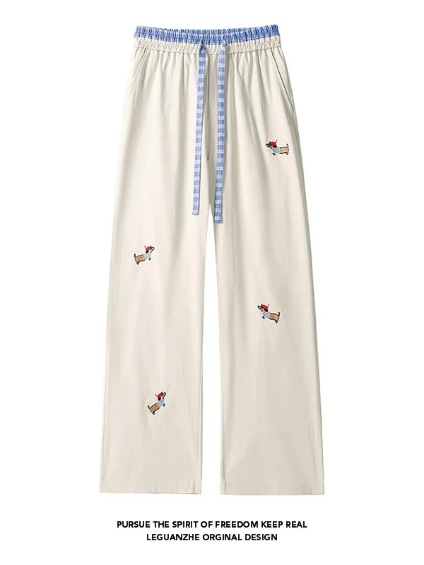 

Ice Silk Straight Leg Wide Leg Pants Men's Trendy Pet Dog Embroidery Elastic Waist Summer Cool Feeling Casual Pants