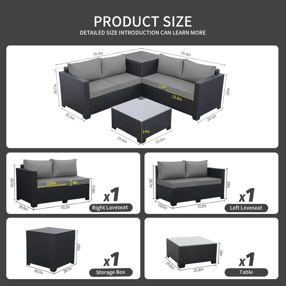 Outdoor 4Piece Black Rattan Sectional Loveseat Couch Set Conversation Sofa with Storage Box Glass Top Table and Non-Slip Cushion