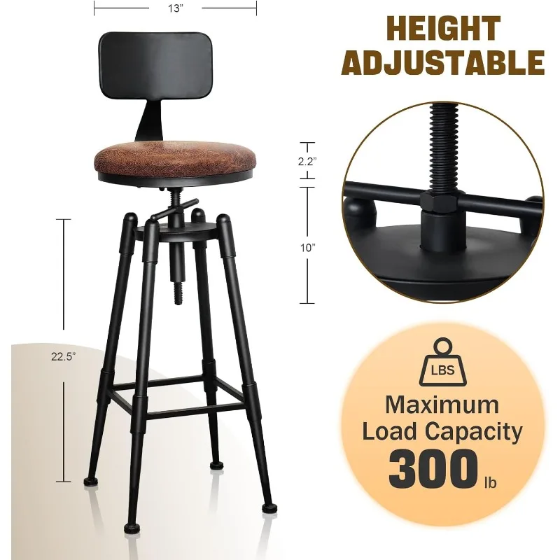 Industrial Bar Stool- Vintage Bar Stools Round Adjustable Farmhouse Kitchen/Dining/Cafe Chair(Set of 2)，home.