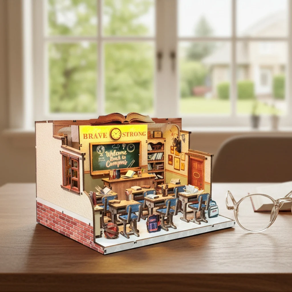 OUZEY 3D houten "Student Days" poppenhuis DIY Kit - miniatuur klaslokaalmodel met meubilair, nostalgisch cadeau voor vrienden