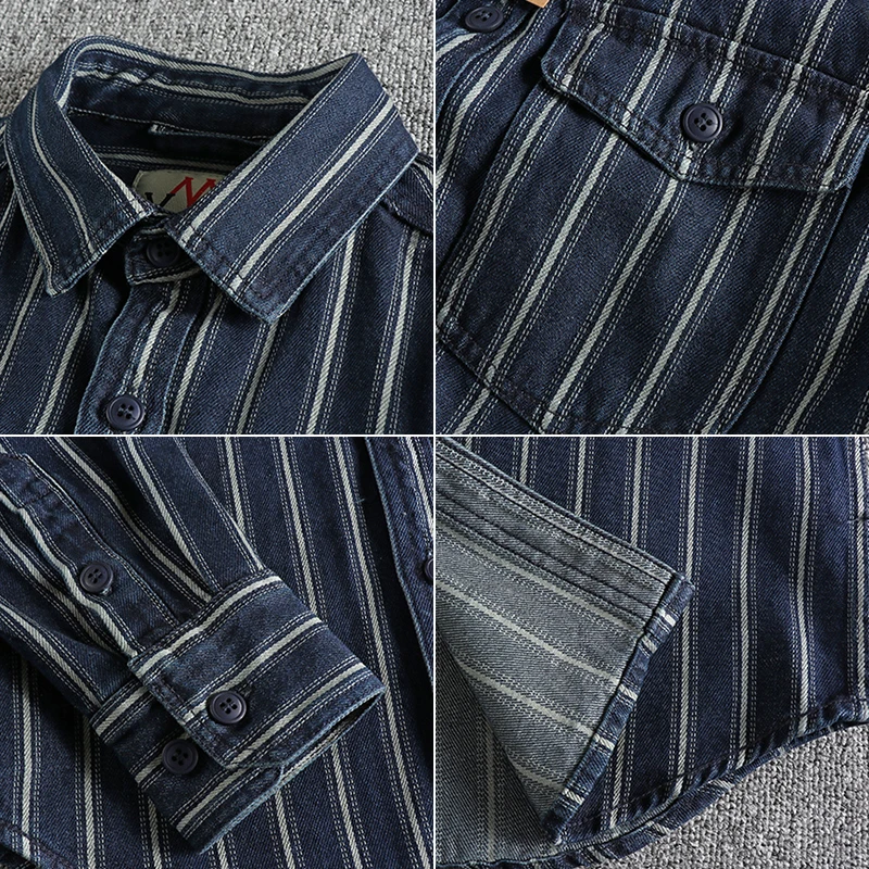 Autumn and winter new yarn-dyed striped wash jeans long-sleeved shirt man retro trend with classic shirt