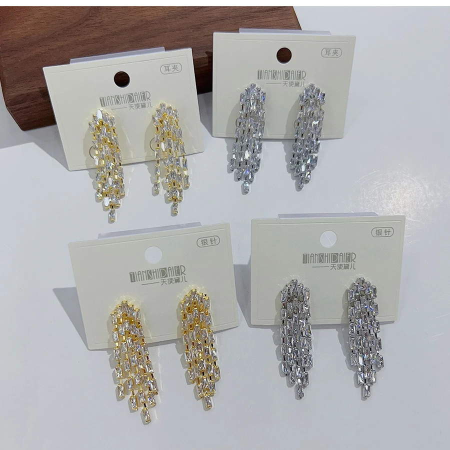 Luxury Sparking Rectangular Crystal Zircon Long Tassel Clip on Earrings for Women Bridal Wedding Without Piercing Jewelry
