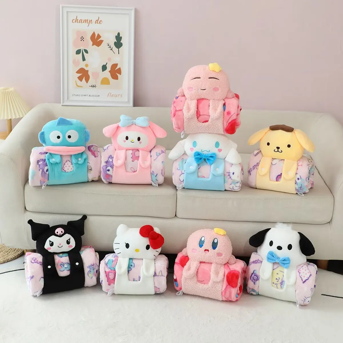 Sanrio Cute Hello Kitty Cinnamoroll My Melody Kuromi Roll Blanket Cartoon Printed Portable Travel Blanket Office Bedroom