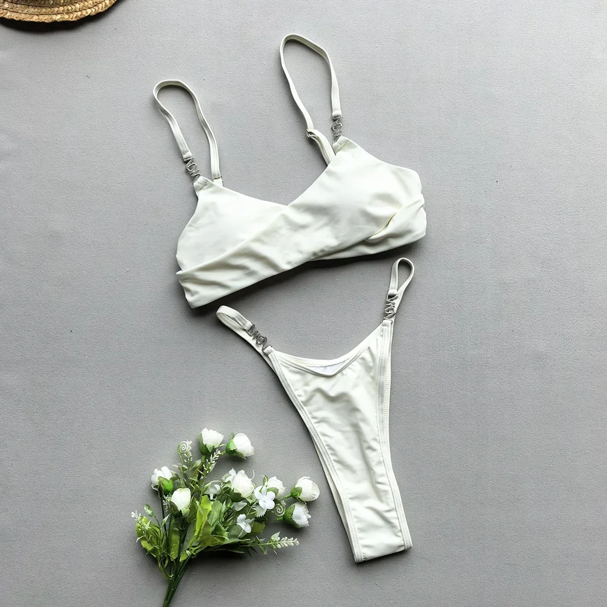 

2025 Sexy Ribbed High Leg Cut Bikini Set with Metal Ring Solid Color Padded Swimwear Female Beachwear Bathing Suit