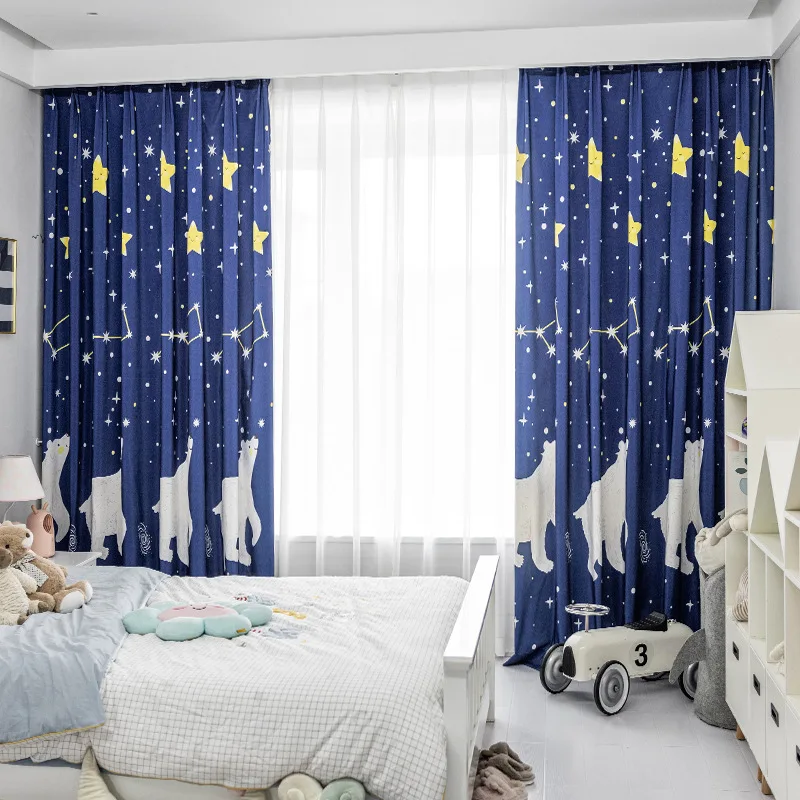 

Polar Bear Stars Simple Fashionable Polyester-cotton Printed Semi-blackout Window Curtains for Living Dining Room Bedroom Home