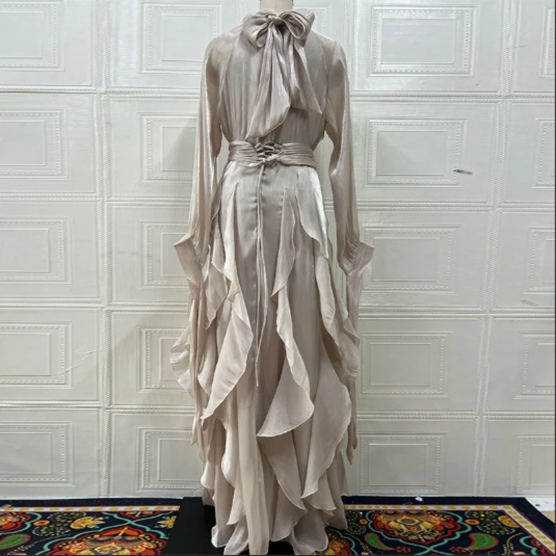 Vestidos longos femininos com babados em camadas, elegante, gola alta, manga lanterna, cintura alta, vestido maxi, moda feminina, roupões de noite 2025