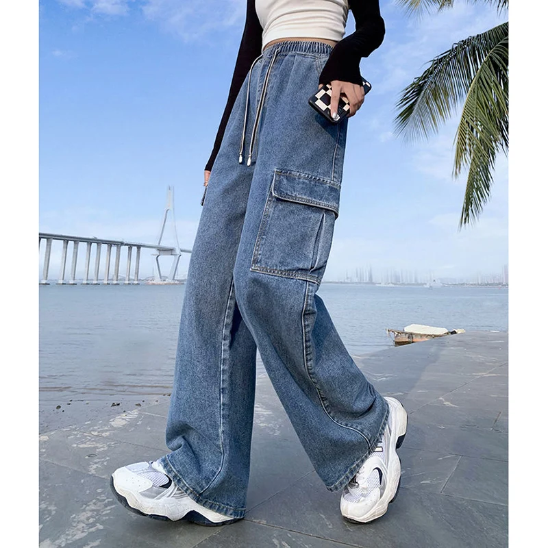 Fashion Solid Color Pockets Casual Cargo Jeans Female Clothing 2024 Autumn New Loose Elastic High Waist Straight Trousers