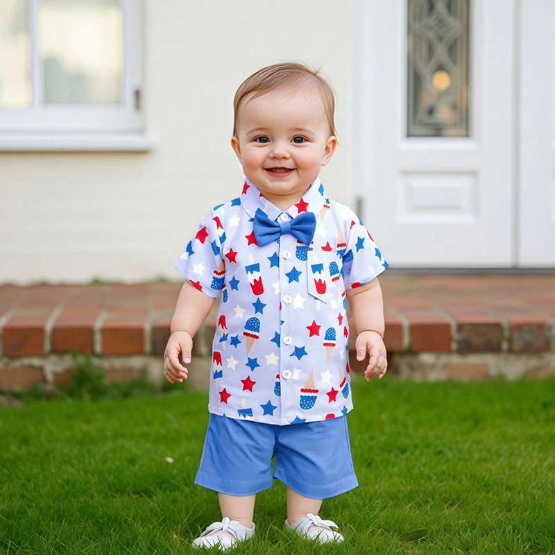 

Baby Girl Fourth of July Romper with Star Print and Matching Headband Set for Independence Day Celebration