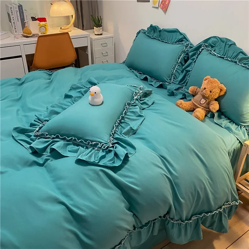 Korean Solid Pure Cotton Bed Skirt Bedding Sets Washed Comforter Cover Set with Lace Princess Soft Skin-Friendly Bedclothes