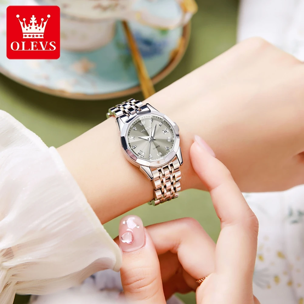 OLEVS Orologi da donna alla moda eleganti Orologio al quarzo originale di marca di lusso per donna Data luminosa in acciaio inossidabile impermeabile