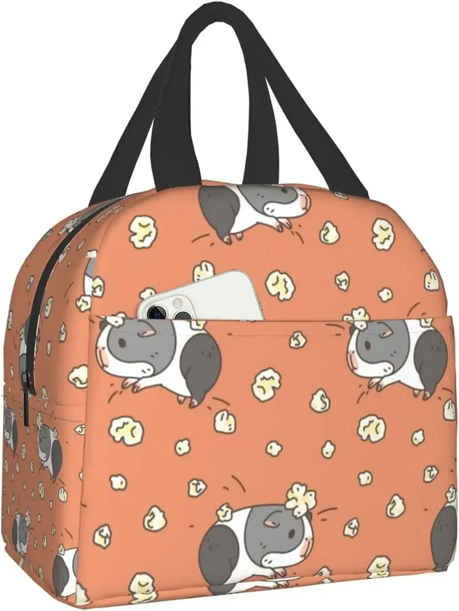 Guinea pig with popcorning Lunch Box Insulated Lunch Boxes Waterproof Lunch Bag Reusable Lunch Tote With Front Pocket For Beach