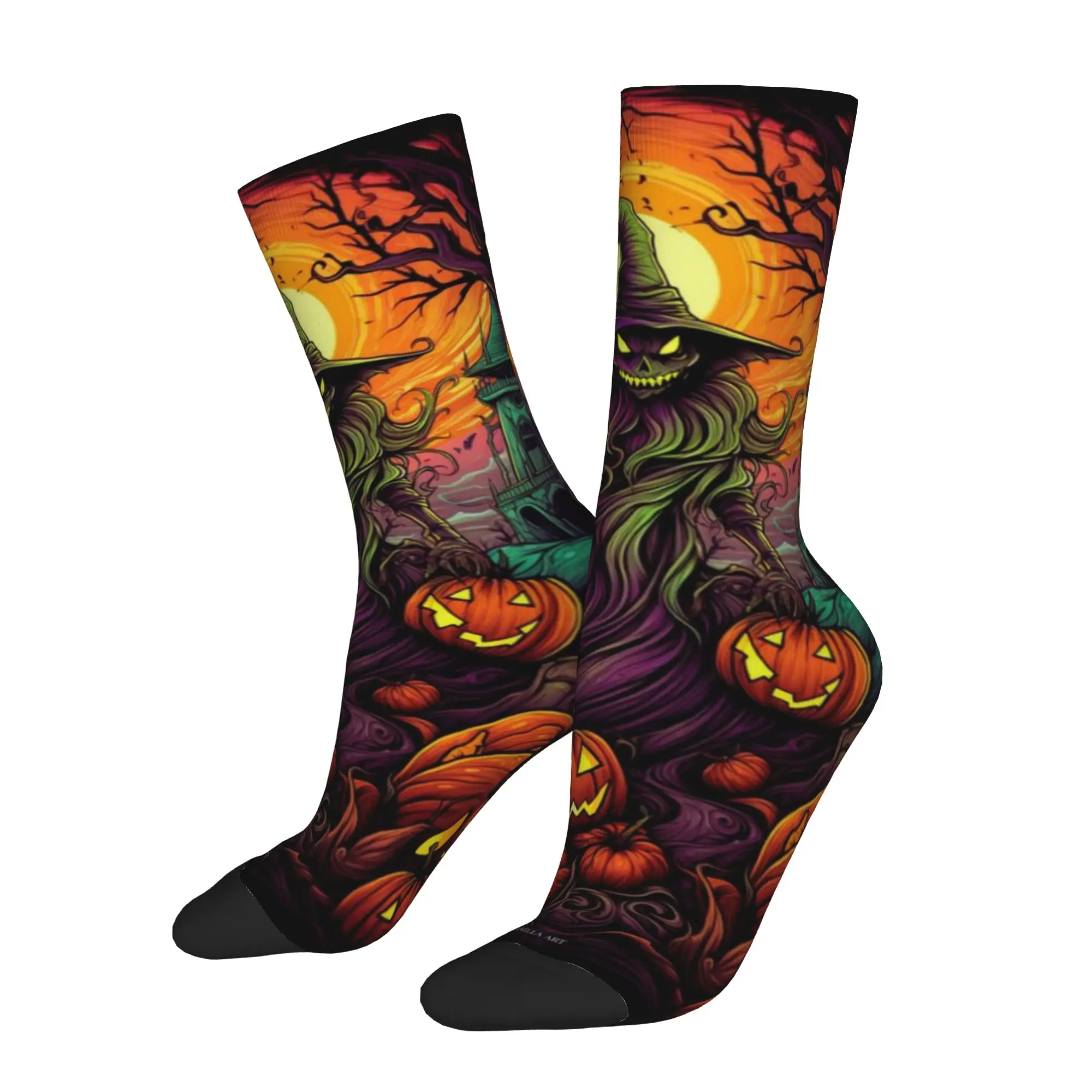 1 Pair Funny Crazy Sock for Men Halloween Witch Pumpkin Art Hip Hop Harajuku  Happy Seamless Pattern Printed Sock Novelty Gift