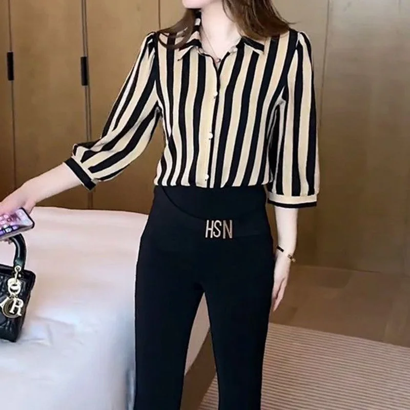 2024 New Summer Elegant Fashion Striped Knitting Office Lady Women\'s Shirt Elegant Fashion Chiffon V Neck 3/4 Sleeve Chic Tops