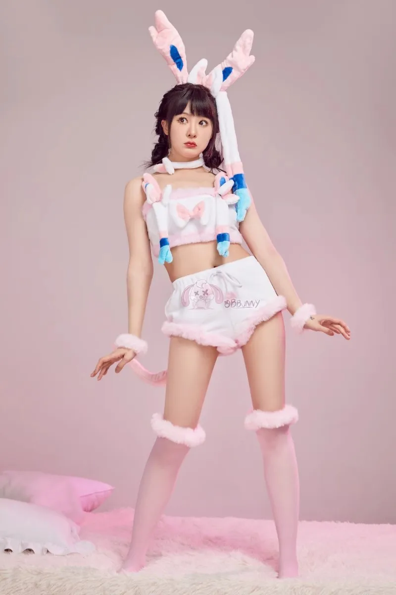 Anime Eevee Cosplay Kostuum Vrouwen Sexy Flanel Capuchon Bodysuit Sokken Pak Bunny Meisje Leuke Cartoon Pluche Pyjama Jumpsuit Uniform
