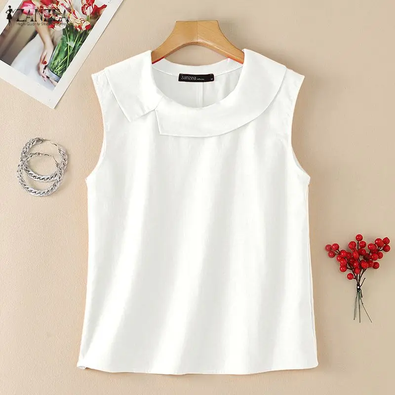 ZANZEA Woman Summer Cotton Linen Tank Tops Breathable Asymmetrical Peter Pan Collar Sleeveless Blouses Vintage Casual Clothes