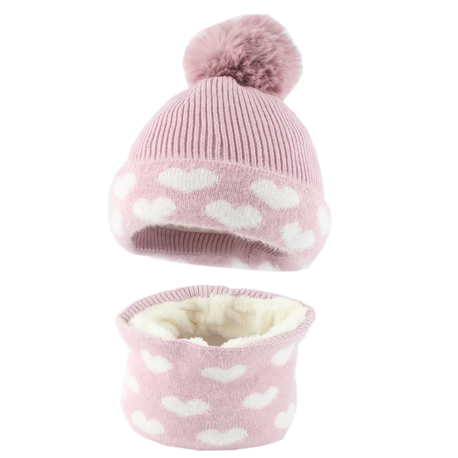 kids Hat Scraf 2 Pieces Set Girls Cute Winter Beanie Cap Outdoor Windproof Warm Hats Fleece lining Ear Protection Pompom Beanies