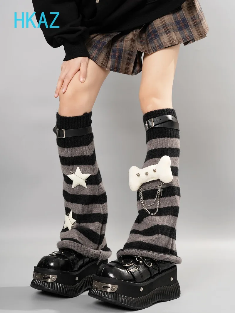 Hottie Y2K Subculture Vintage Striped Stacked Socks Cover Female Punk Leather Buckle Wide Leg Knitted Leg Warmers for Women