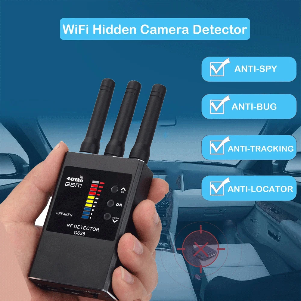 

Professional Hidden Camera Wireless RF Signal Detector GSM Audio Finder GPS Tracker Detects Anti-Spy Bug Magnet Finder Scan G638