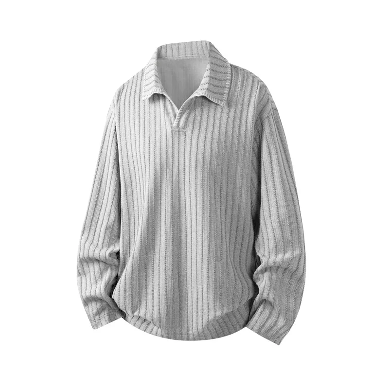 Light Gray Lapel Striped T-shirt Men's American Retro Long-sleeved Sweater