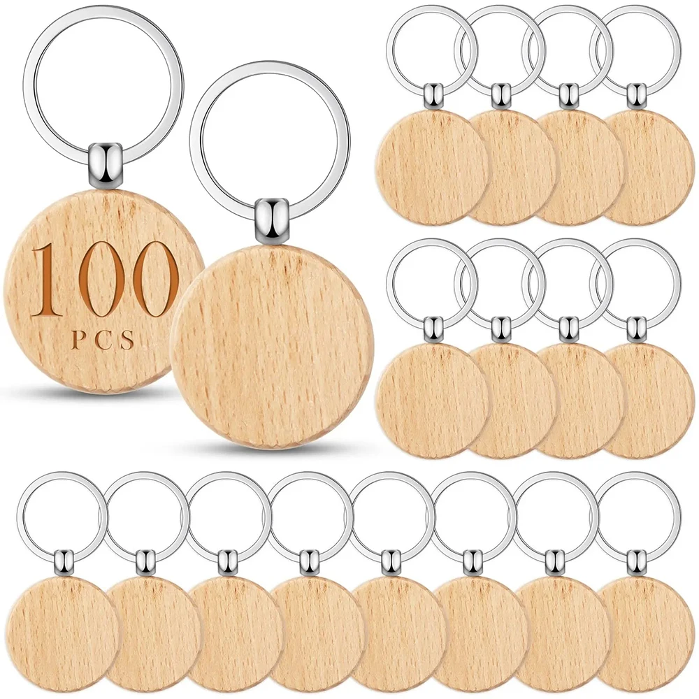 100Pcs Round Wood Keychain Blanks DIY Wooden Keychain Blanks Unfinished Wooden Key Ring Key Pendants Gifts For Family Parents