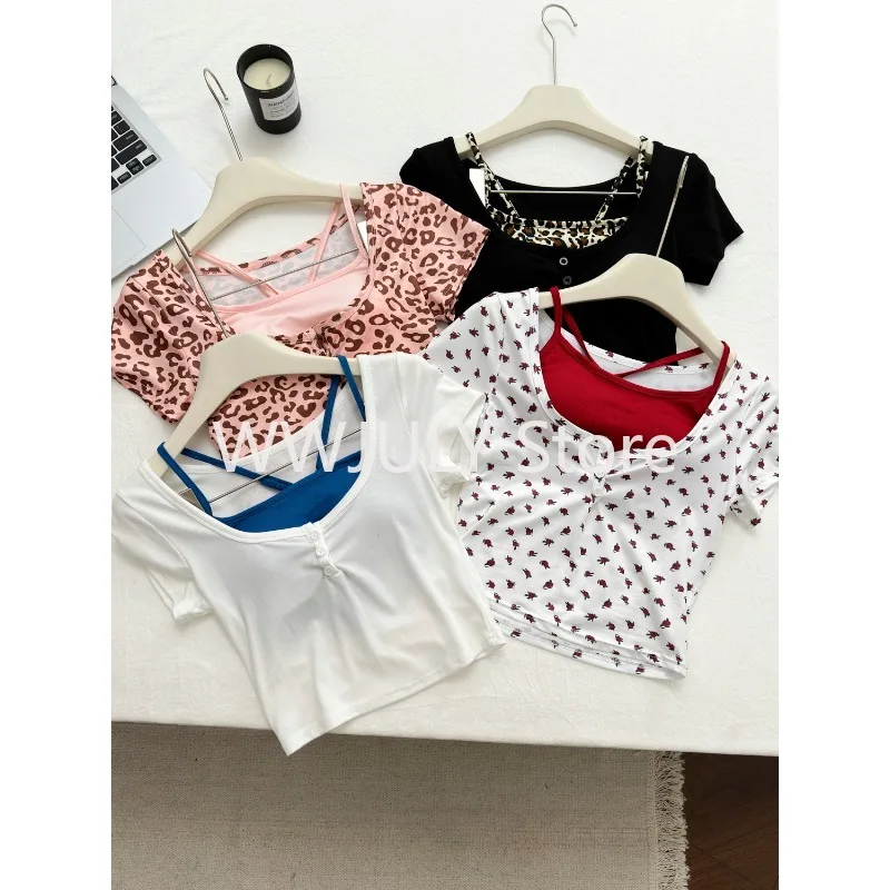 Summer Women Vintage Mori Girl Two Pieces Set  Slim Short Sleeeve Tops Gyaru 2000s Aesthetic Fashion T-Shirts Hot Sexy Coquette