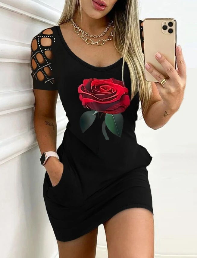 

Womens Dresses 2024 Summer Rose Print Rhinestone Hollow Out Pocket Design Casual Round Neck Short Sleeved Bodycon Daily Dress