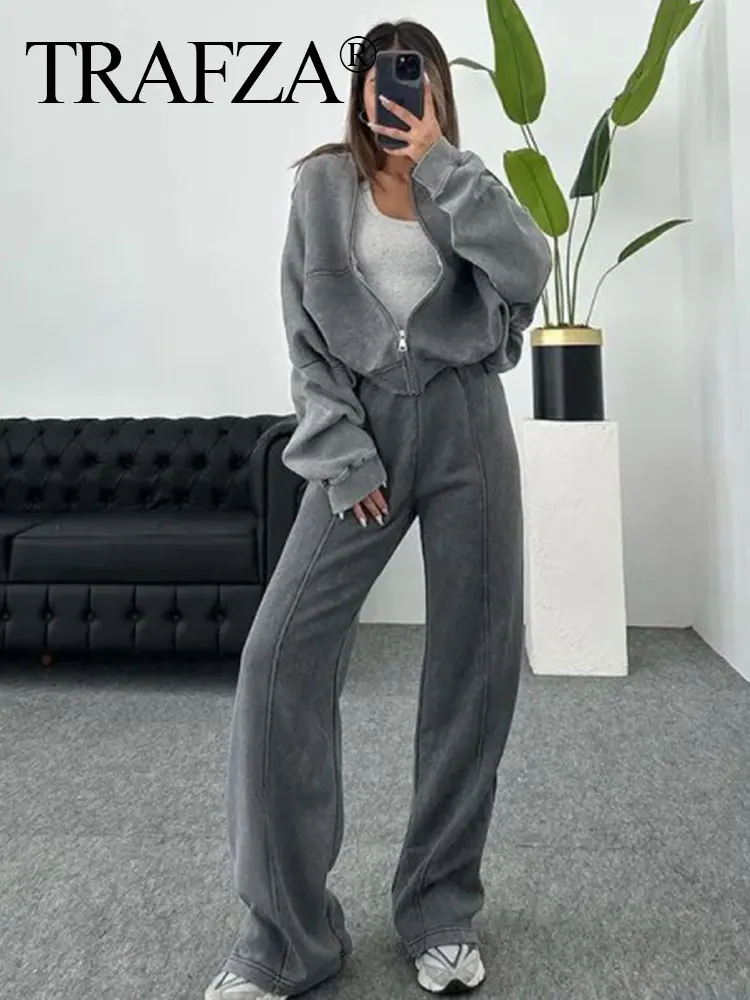 TRAFZA Autumn Women Casual Solid Sportwear Suit Long Sleeve Zipper Bomber Jacket Coat + Loose Elastic Waist Trousers Pant Sets