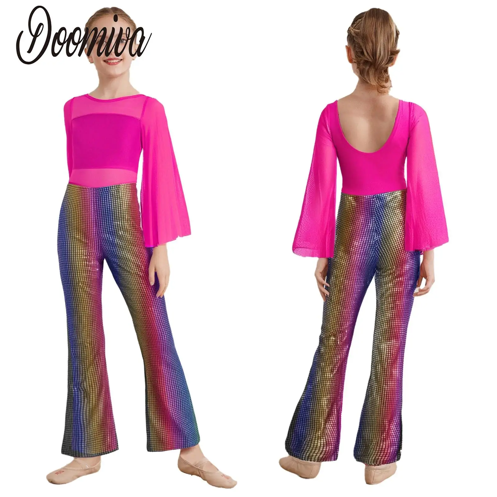 الفتيات قاعة رقص الجاز التانغو أداء زي الاطفال ديسكو الحديثة Dancewear طويلة الأكمام بقماش شفاف المرقعة بذلة لامعة #6