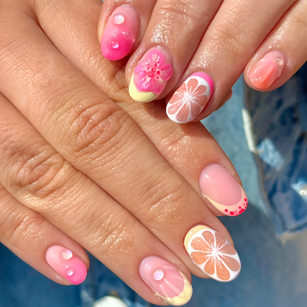 

24Pcs 3D Grapefruit Flower Press on False Nails Short Round Wearable Fake Nails Orange Pink Smudge French Full Cover Nails Tips