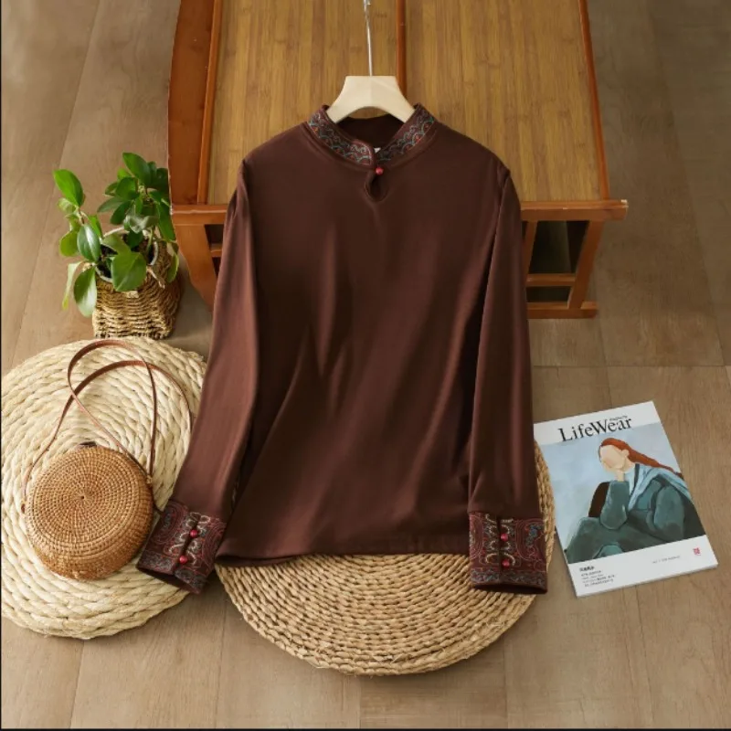 가을 겨울 신상 민족 스타일 여성용 레트로 문학 자수 하이 칼라 긴팔 티셔츠