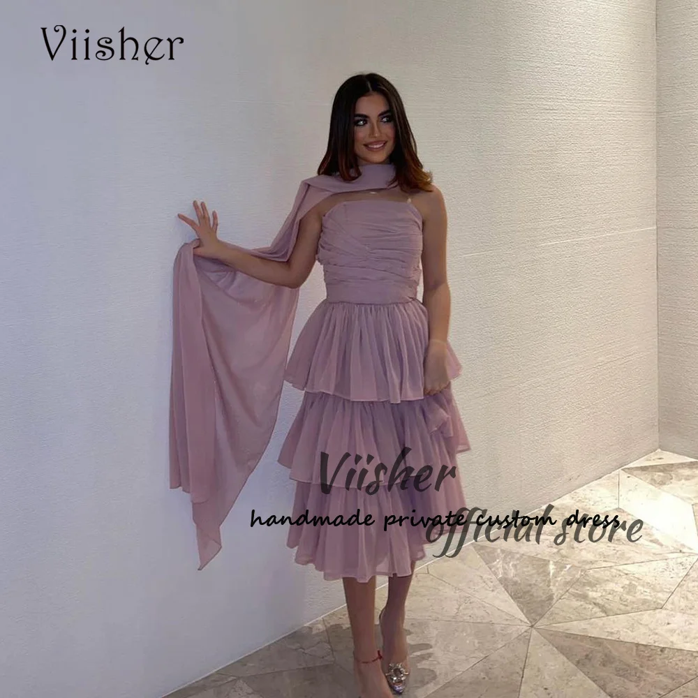 

Viisher Lavender Chiffon Evening Dresses Pleats Strapless Dubai Arabic Foraml Prom Dress Tea Length Party Evening Gowns