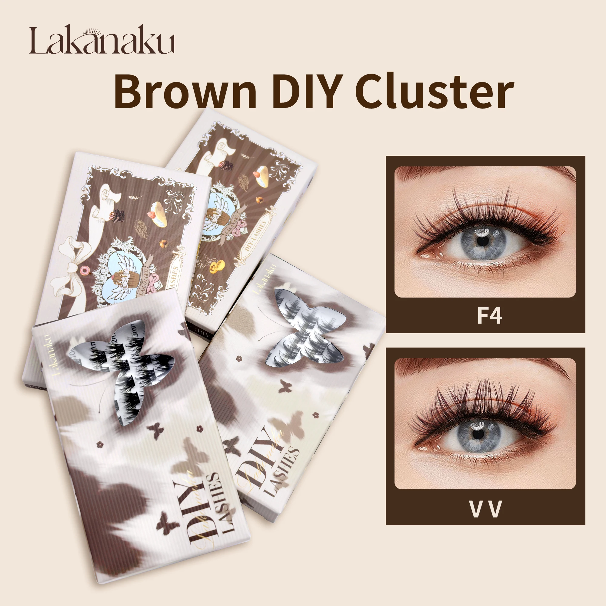 LAKANAKU Bruin DIY Lash Extensions Gesegmenteerde Pluizige Volume Wimpers D Krul Individuele Clusters Wimpers Cluster Oogmake-up