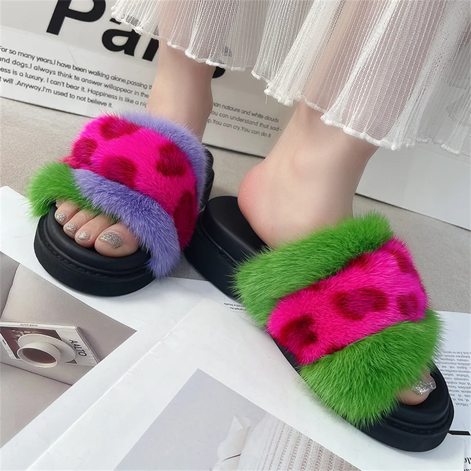 Luxury Fashion Fur Slippers High Quality Mink Fur Slippers Ladies 100% Mink Fur Slippers Flat Heel Slippers Summer Women Shoes