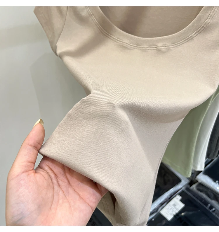 2026 Sexy Quadratischer Ausschnitt Slim T-Shirt Damen Baumwolle Elastisch Basic Einfarbig Lässige Oberteile Kurzarm Dünne T-Shirts Transparent – Detail 32