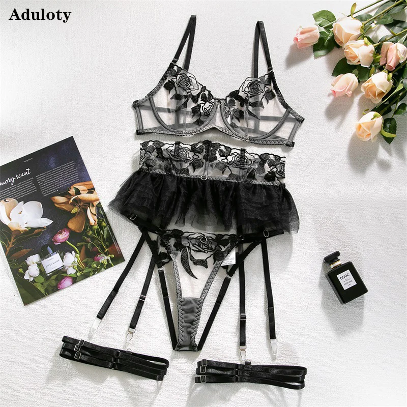 Aduloty Women\'s Sexy Underwear Black Flower Lace Embroidered Skirt Four-Piece Mesh Thin Erotic Lingerie Seductive Bra Set