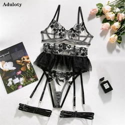 Aduloty Women's Sexy Underwear Black Flower Lace Embroidered Skirt Four-Piece Mesh Thin Erotic Lingerie Seductive Bra Set