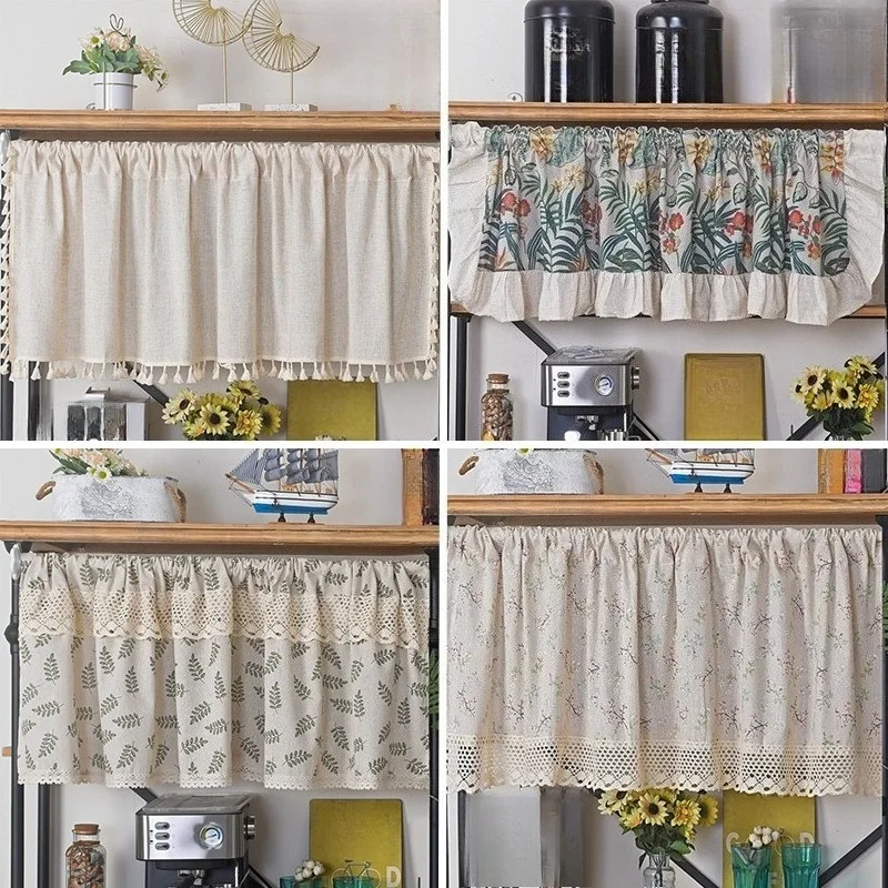 

Rustic Floral Embroidered Short Curtains for Farmhouse Kitchen Window Cafe Cabinet Door Covering Washable Cotton Linen Decor